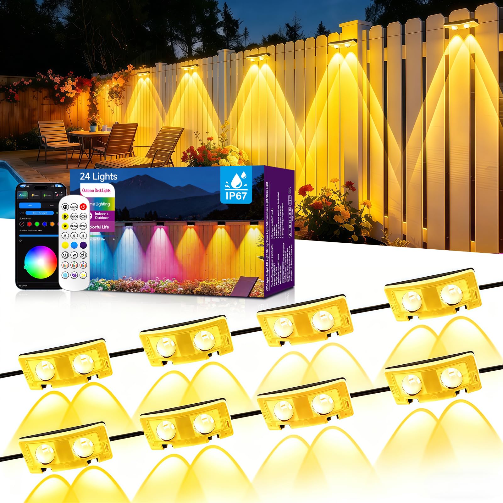 Photo 1 of AHAWILL Fence Lights Outdoor 24 Packs,Smart RGB Fence Lighting with APP&Remote Control,IP67 Waterproof Fence Lights,DIY Scene Modes,LED Light for Fence,Patio,Yard,Garden(150ft)