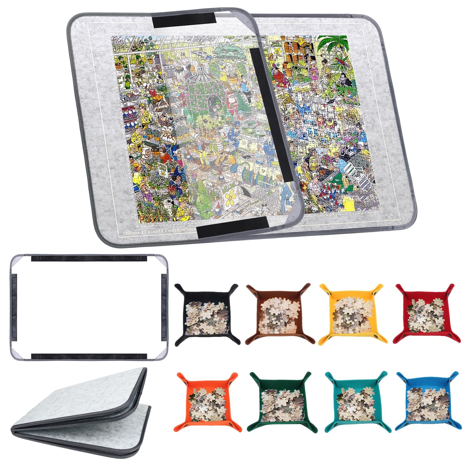 Jonuin Jigsaw Puzzle Board, 31 x 22in Jigsaw Board for 500/1000 Pieces, Foldable Puzzle Mats with Dustproof Cover & 8 Puzzle Sorting Trays, Non-Slip Puzzle Board for Easy Move and Store (Grey)