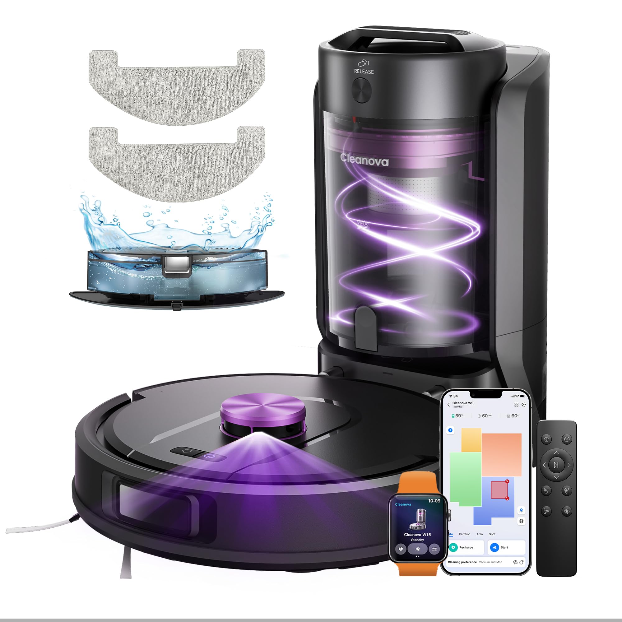 Vexilar W15 Saugroboter mit Wischfunktion und beutelloser Multi-Zyklon-Absaugstation, 10000Pa, LiDAR Navigation, 5 Karten, 180Min Max, 3-in-1 Saug und Wischroboter für Tierhaare, Teppiche, Hartböden