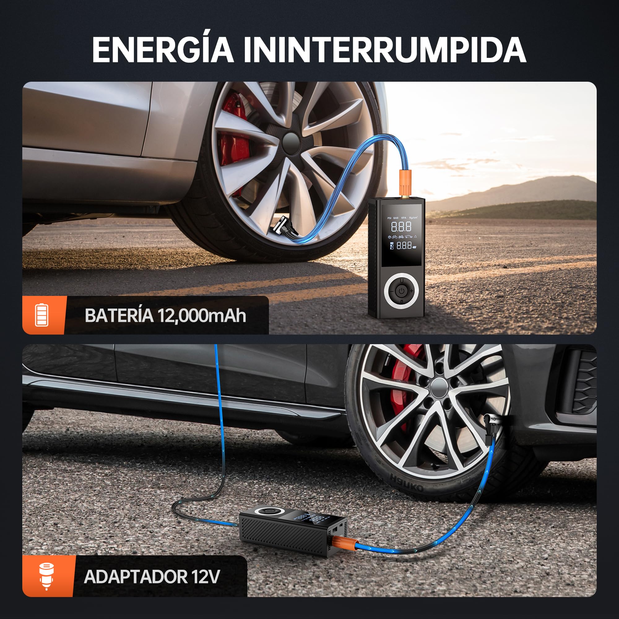 Inflador de Neumáticos 150 PSI – Compresor de Aire Portátil e Inalámbrico con Pantalla Digital, Luz LED, Apagado Automático y Batería Recargable 10000 mAh para Coche, Moto y Bicicleta
