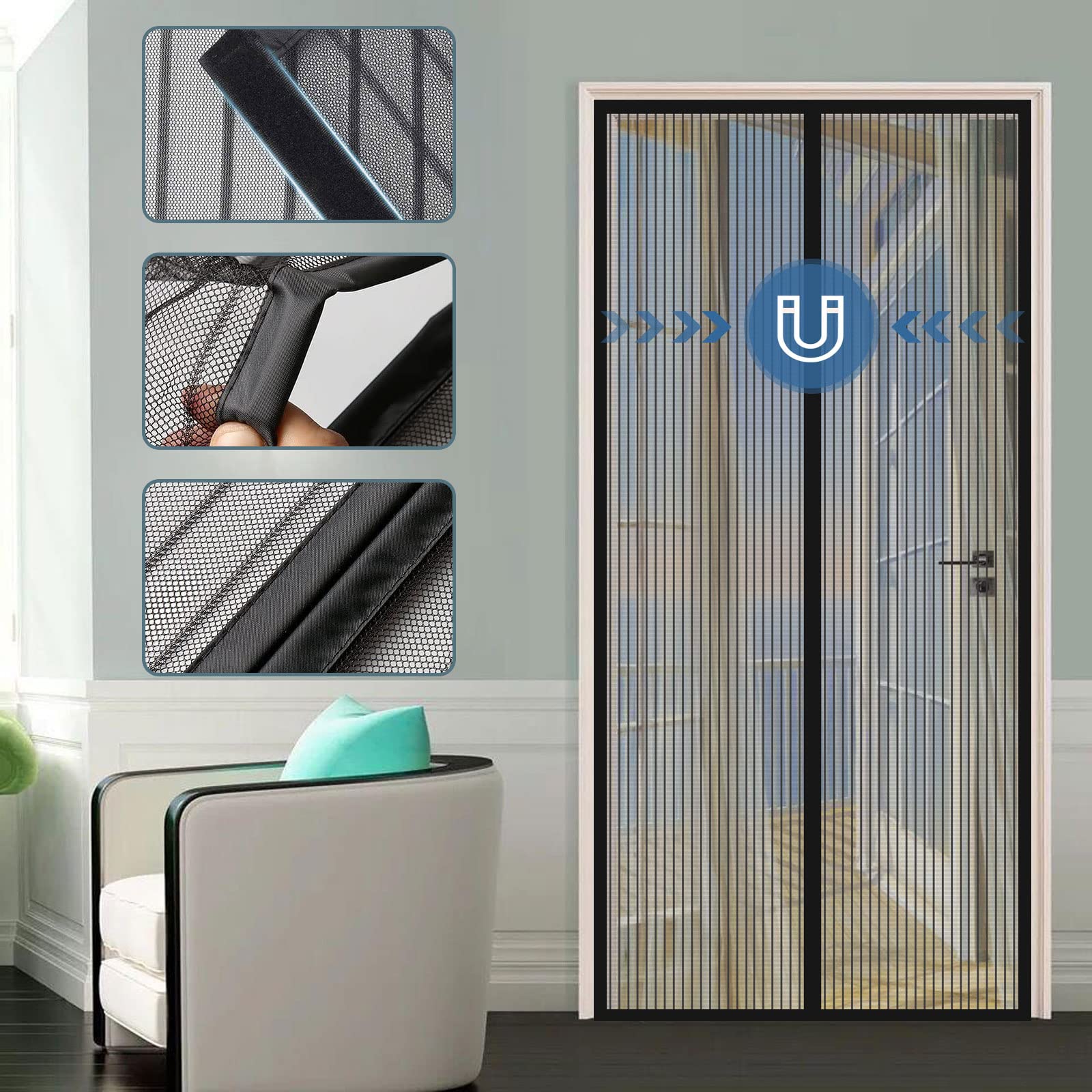 Porte Moustiquaire Magnétique,moustiquaire Baie Vitree Anti-Mouche De Haute Qualité Mains Libres, Plein Cadre, pour Le Salon De La Porte Patio (la Taille Peut être Personnalisée)