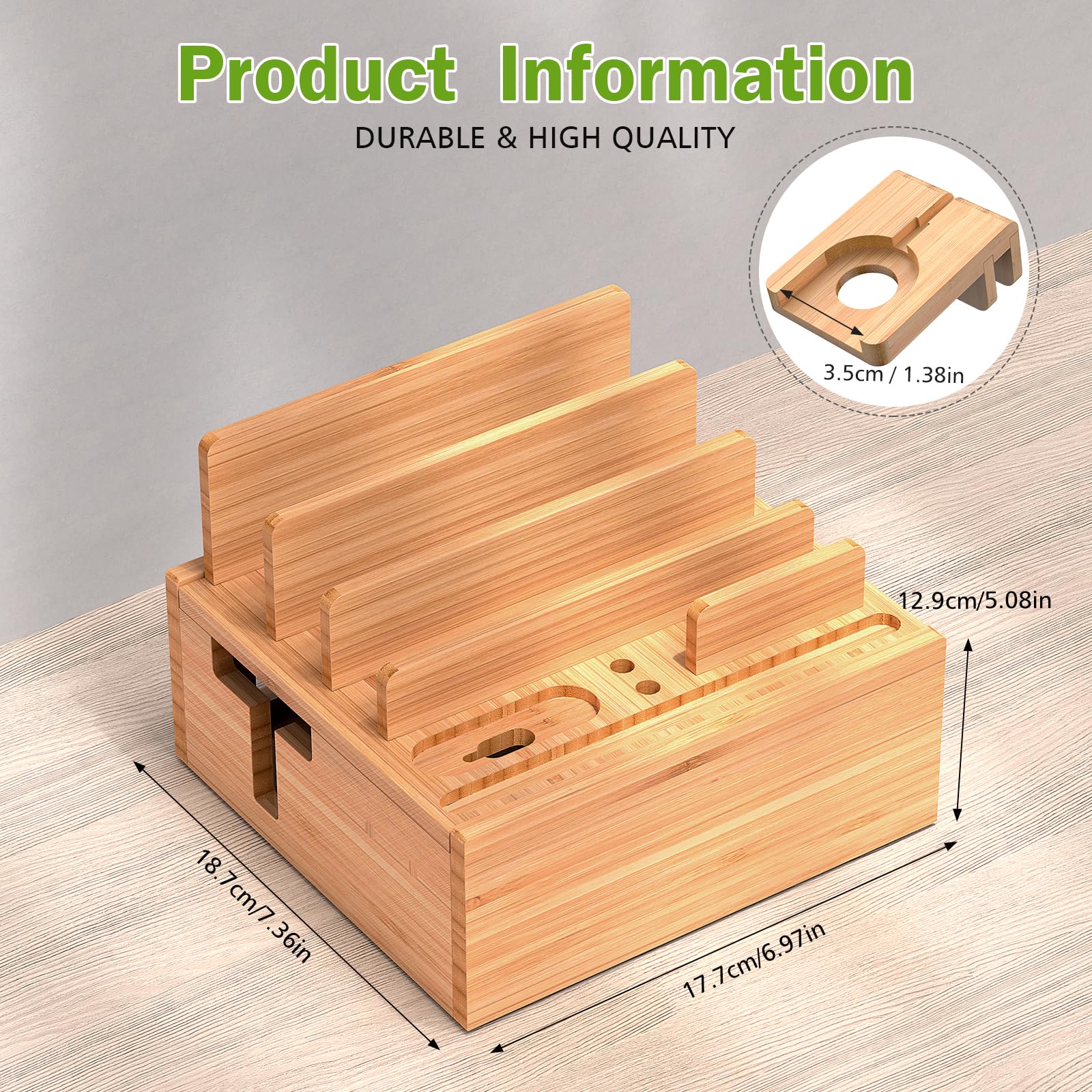 Pezin & Hulin Station de recharge en bambou avec support de montre, chargeur et câbles | Support en bois pour plusieurs appareils, téléphones, tablettes, montres et écouteurs, pas de montage nécessaire