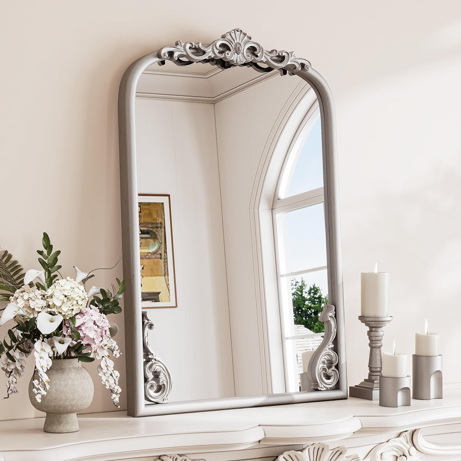 TETOTE Vintage Silver Arched Mirror for Wall 16 x 24 Antique Silver Frame Baroque French Ornate Mantle Mirror for Fireplace Bathroom Living Room Bedroom Decor, French Cleat Mount 24"L x 16"W Arched Antique Silver