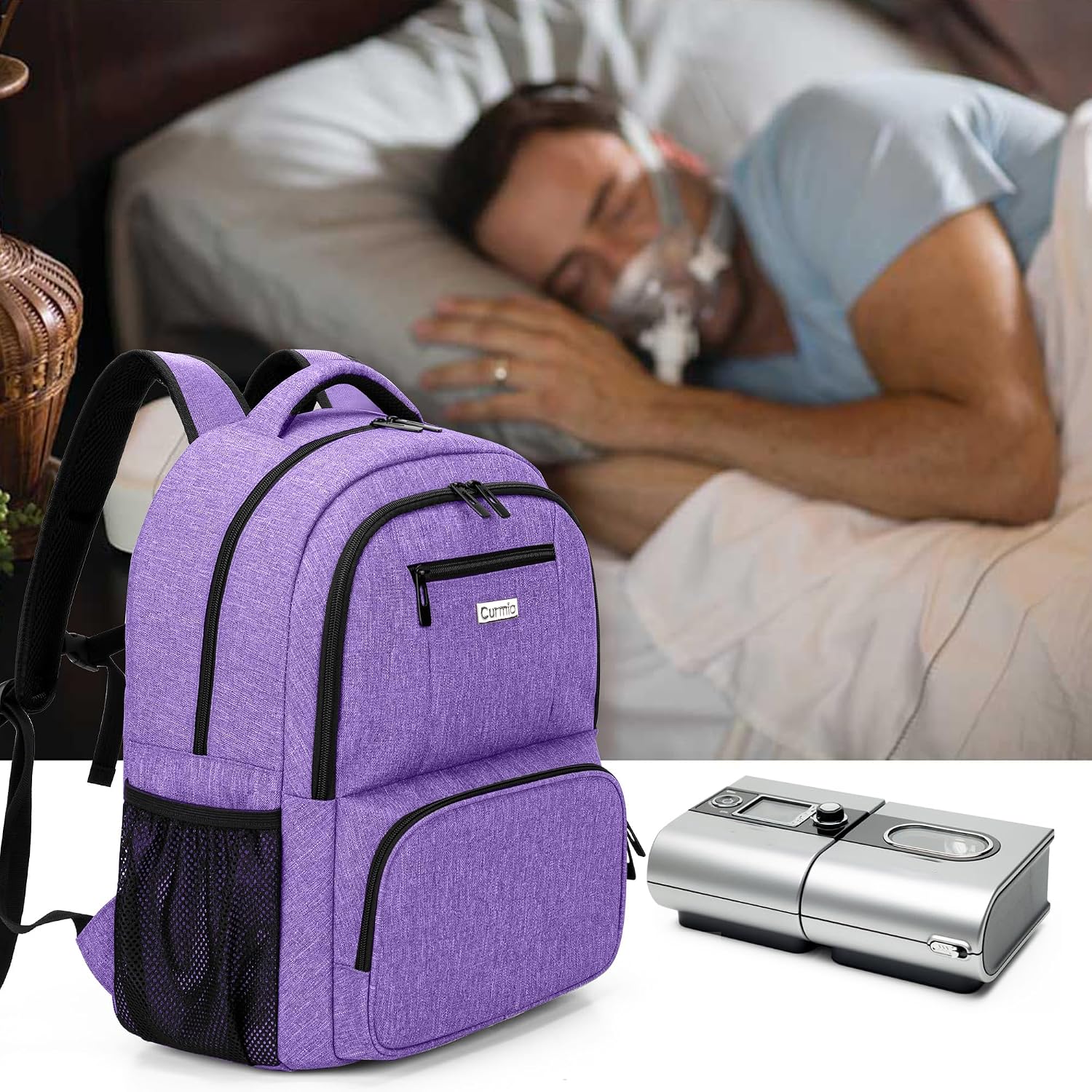 CURMIO CPAP Travel Backpack Compatible with ResMed AirSense 9, AirSense 10, AirSense 11, Philips System One, CPAP Carry On Bag for CPAP Machine and Supplies (Purple, Patent Design)
