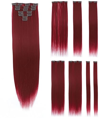 SWACC Extensiones de cabello sintético con clip de 22 pulgadas para mujer, 7 piezas separadas, resistentes al calor, para cabeza completa (borgoña)
