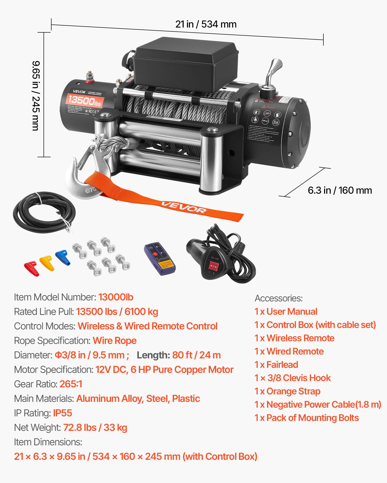 VEVOR Verricello Elettrico, Carico 6100 kg, per Camion 12 V CC con Fune in Acciaio Φ9,5 mm x 24 m, Telecomando Wireless e Cablato, IP55 Impermeabile per il Traino di SUV, Jeep, Rimorchi, Barche