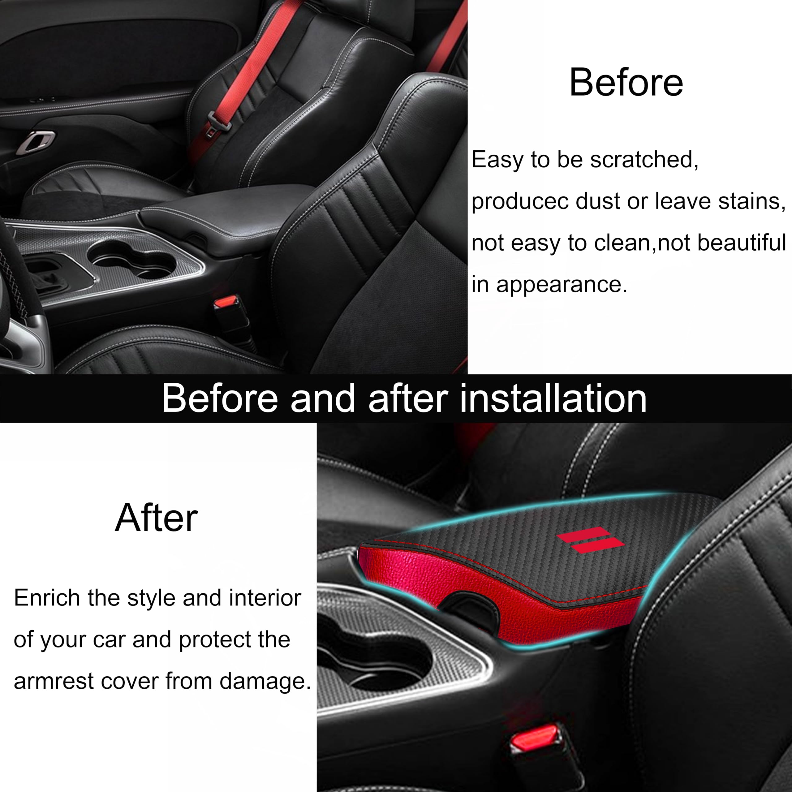 YOSRTER Per Dodge Challenger Accessori 2015 2016 2017 2018 2019 2020 2021 2022 2023 2024 Copertura per bracciolo centrale in pelle antigraffio (fibra di carbonio con finiture rosse)