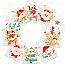 100 Transparent Adhesive Cellophane Bags 10 x 10 cm for Sweets, Biscuits, Christmas Gifts - 5 Festive Designs - Party Bags