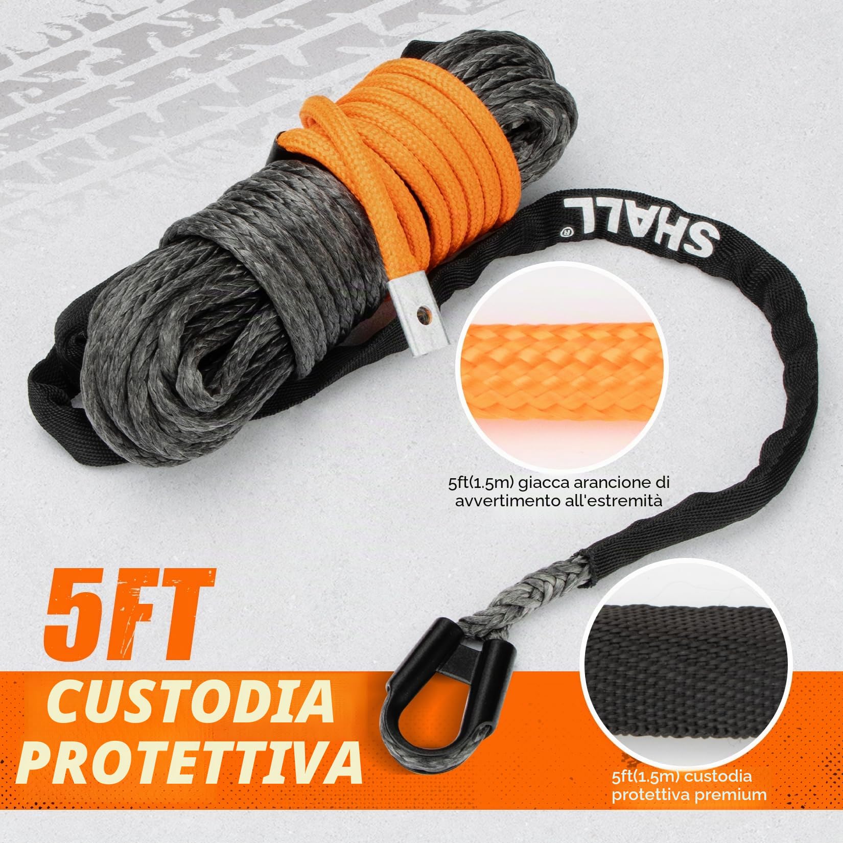SHALL Cinghie e corde di traino, Corda sintetica per verricello lunga 1/4" X 50 ft (7,6 mm X 15 m), 5 ton (10.000 lb), con copertura protettiva, gancio per verricello forgiato e cinghia di sicurezza