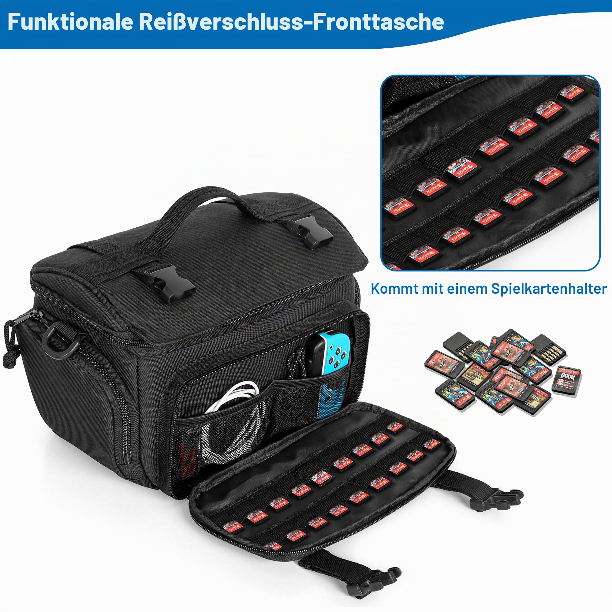 PGmoon Taktische Tragetasche Kompatible mit Nintendo Switch/ASUS ROG Ally | Schützende Tasche mit 18 Spielkartenfächern und Multi-Taschen für Docking Station, AC Adapter, Controller