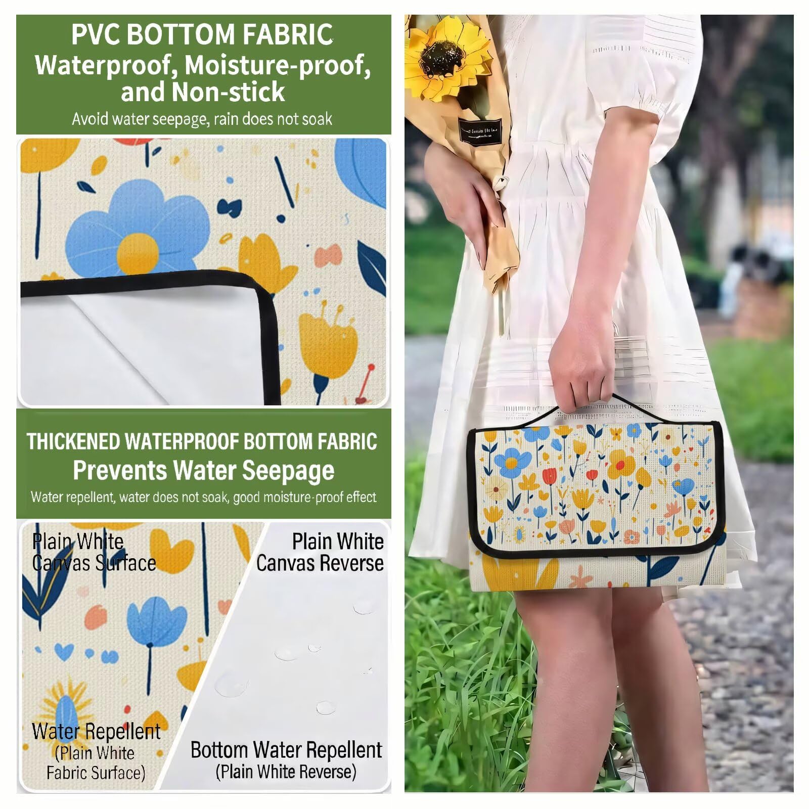 Couverture Pique Nique Grande 200x300cm,Outdoor Couverture Imperméable,Pliable Tapis de Plage Dos en PVC,Picnic Blanket pour Camping Accessoires,Jardin,Parc - Couleur crème,à Motifs Floraux UZ-830