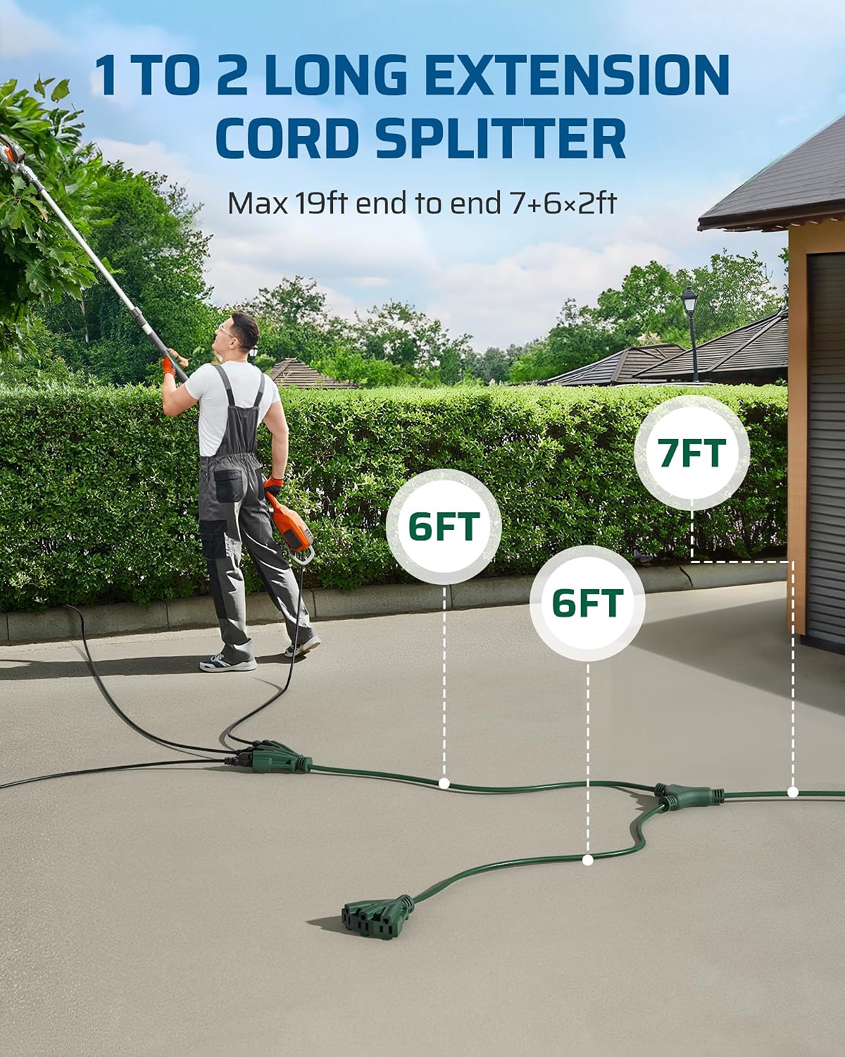 DEWENWILS Outdoor Extension Cord 1 to 2 Splitter, 13FT (7'+6' *2), 6 Grounded Outlets, Heavy Duty Power Cord, 16AWG SJTW for Landscaping Light, Holiday Decoration, 1 Pack, Green, ETL Listed