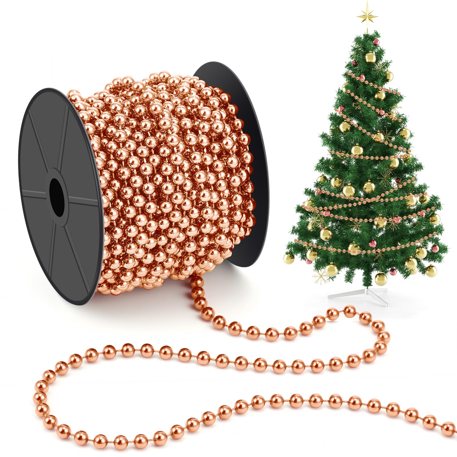 Chuangdi 1 Roll/ 15m Christmas Bead Chain 6mm Rose Gold Christmas Tree Hanging Decoration Xmas Ornaments Plastic String Garlands for Craft Xmas Tree, Stairs, Wedding, Costume, DIY Party Supplies