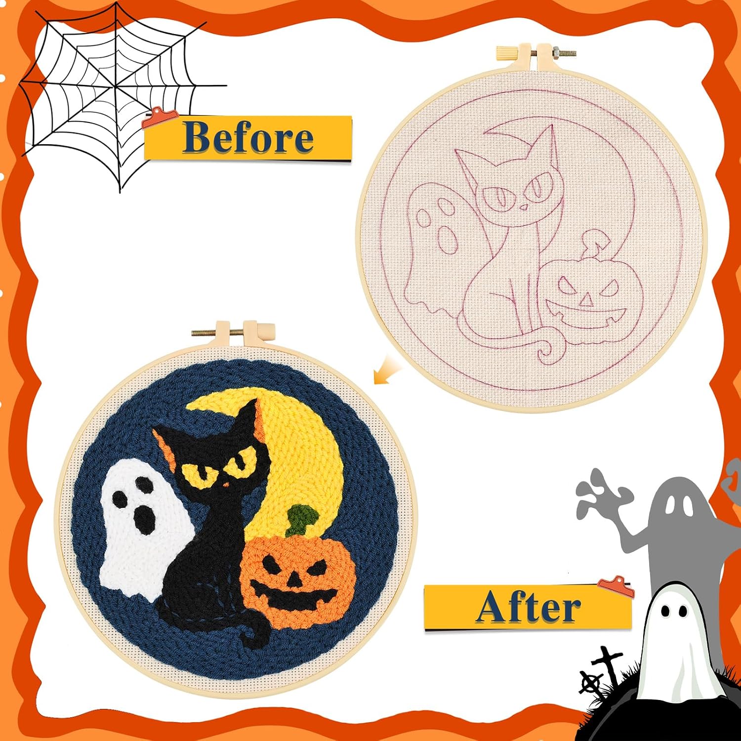 Halloween Punch Needle Kit for Beginners, Black Cat Pumpkin Embroidery Set
