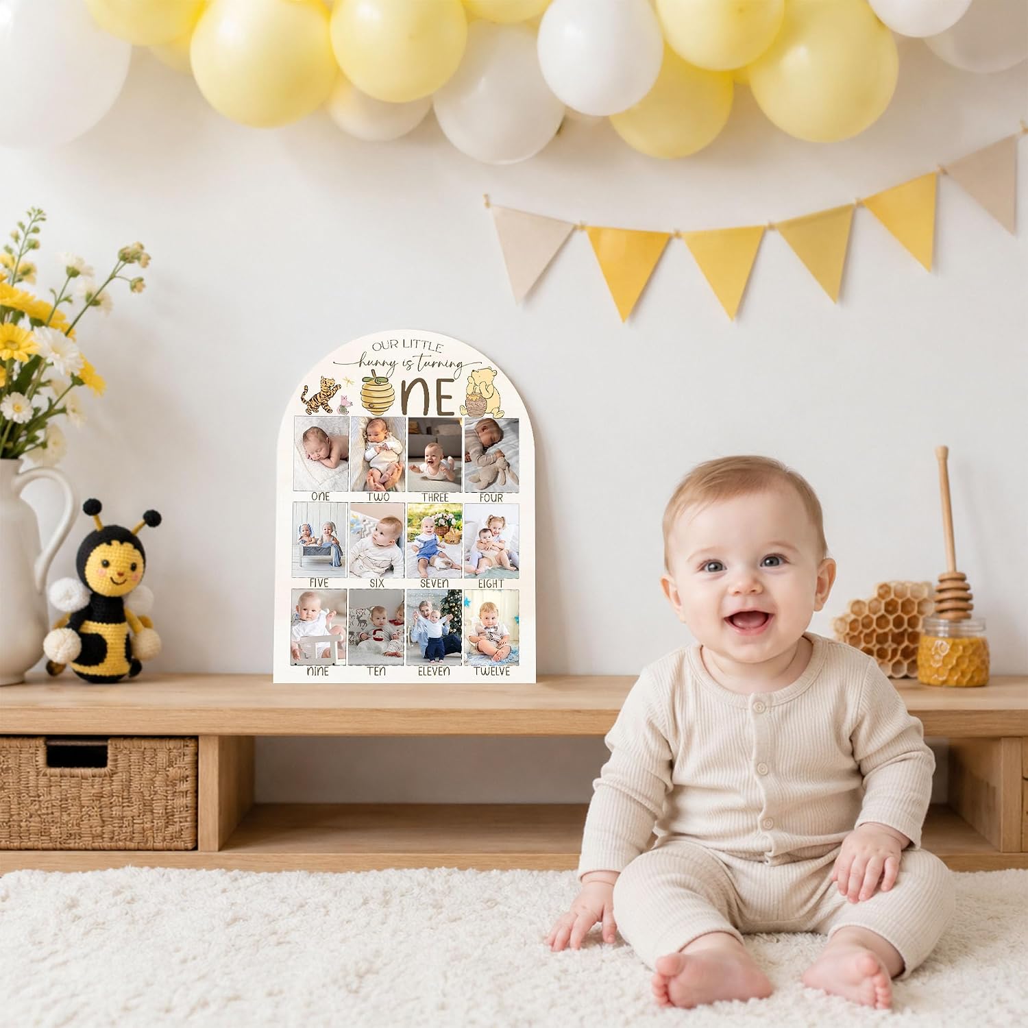 Winnie My First Year Photo Board, Our Little Hunny is Turning One Baby Monthly Milestone Sign, Wooden Picture Board for 12 Photos, Girls Boys Baby 1st Birthday Keepsake Gifts Decorations-A01