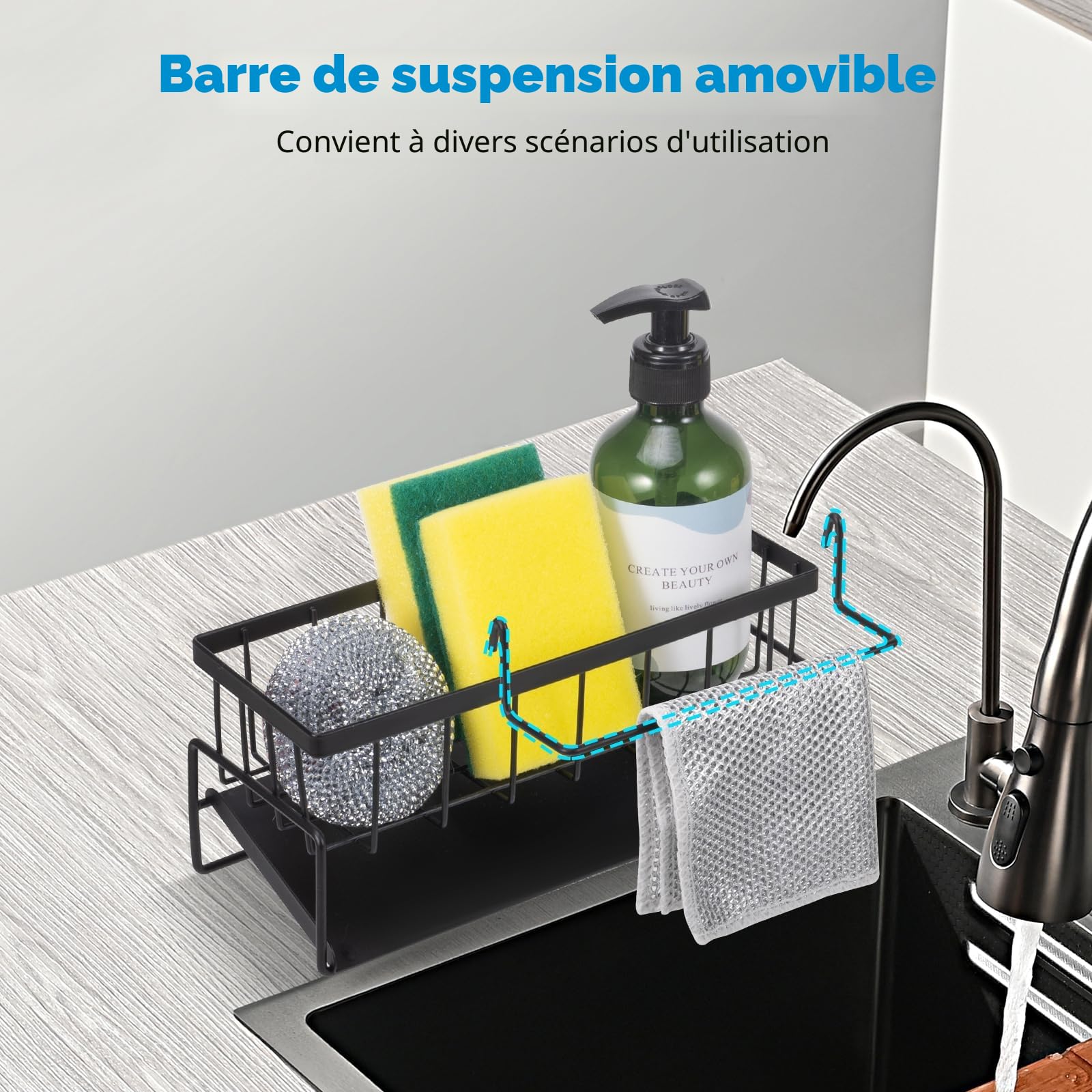 Support d'évier de cuisine en acier inoxydable avec vidange automatique, porte-serviettes et porte-éponge