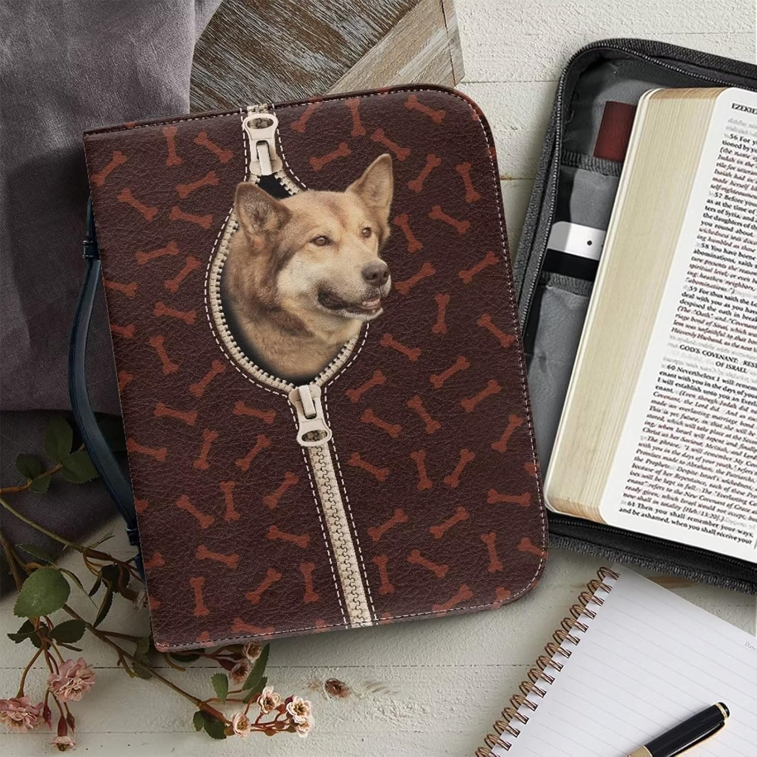 Suobstales Pastoral Dog Print Bible Covers for Women Men, Bible Case Pu Leather Bible Carrier Church Bag with Handle and Zipper Bible Covers for Storage Bookmark Pen Notebook, XL