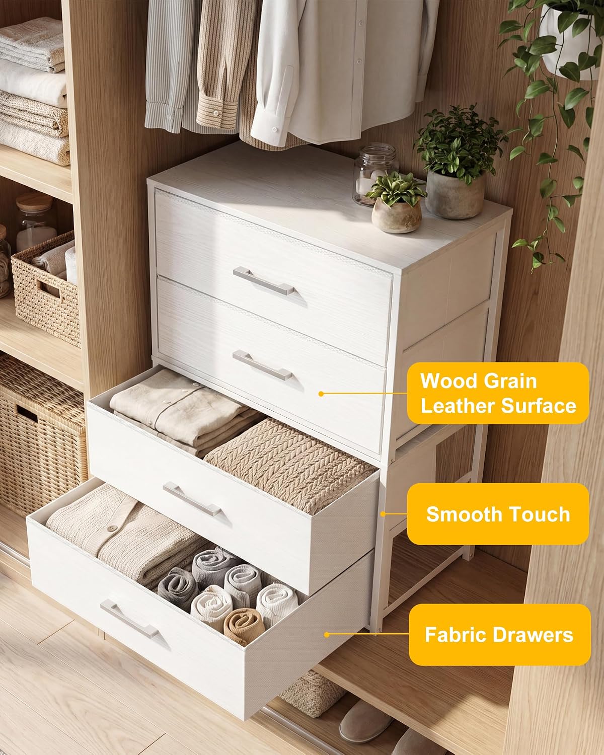 Fixwal Closet Drawers for Clothes, Fabric 2 Drawer Closet Organizer Dresser for Bedroom 2 Packs, White, 21.2" Wide
