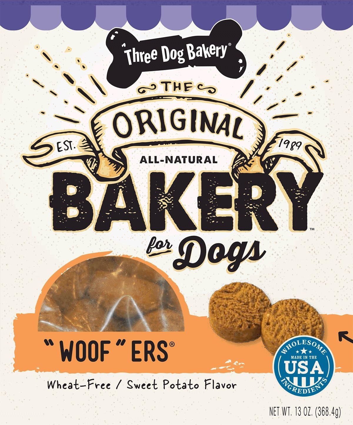 Three Dog Bakery Wheat Free Sweet Potato Woofer Cookies, Baked Dog Treats, 13-Ounce