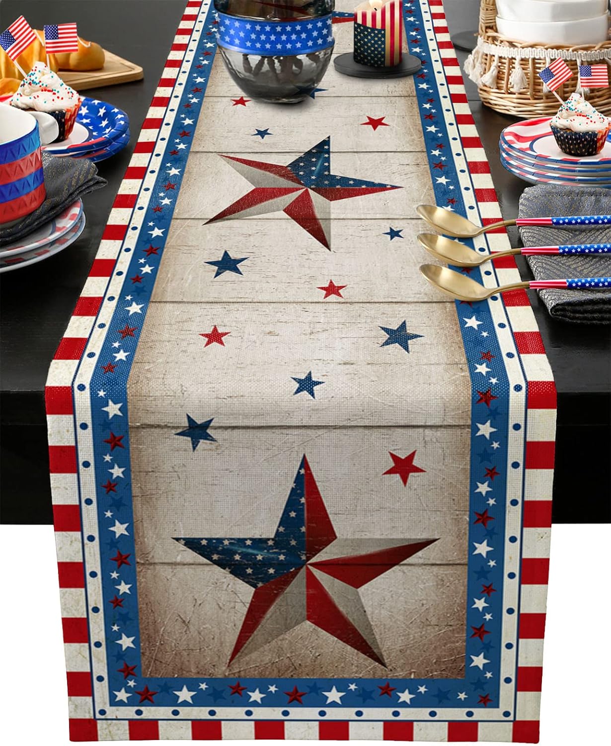 4th of July Table Runner 120 inches Long Freedom Stars Independence Day Rustic Wood Patriotic Coffee Table Runner for Kitchen/Dining Runners for Party Decor Dresser Scarve Tabletop Decoration 13x120in