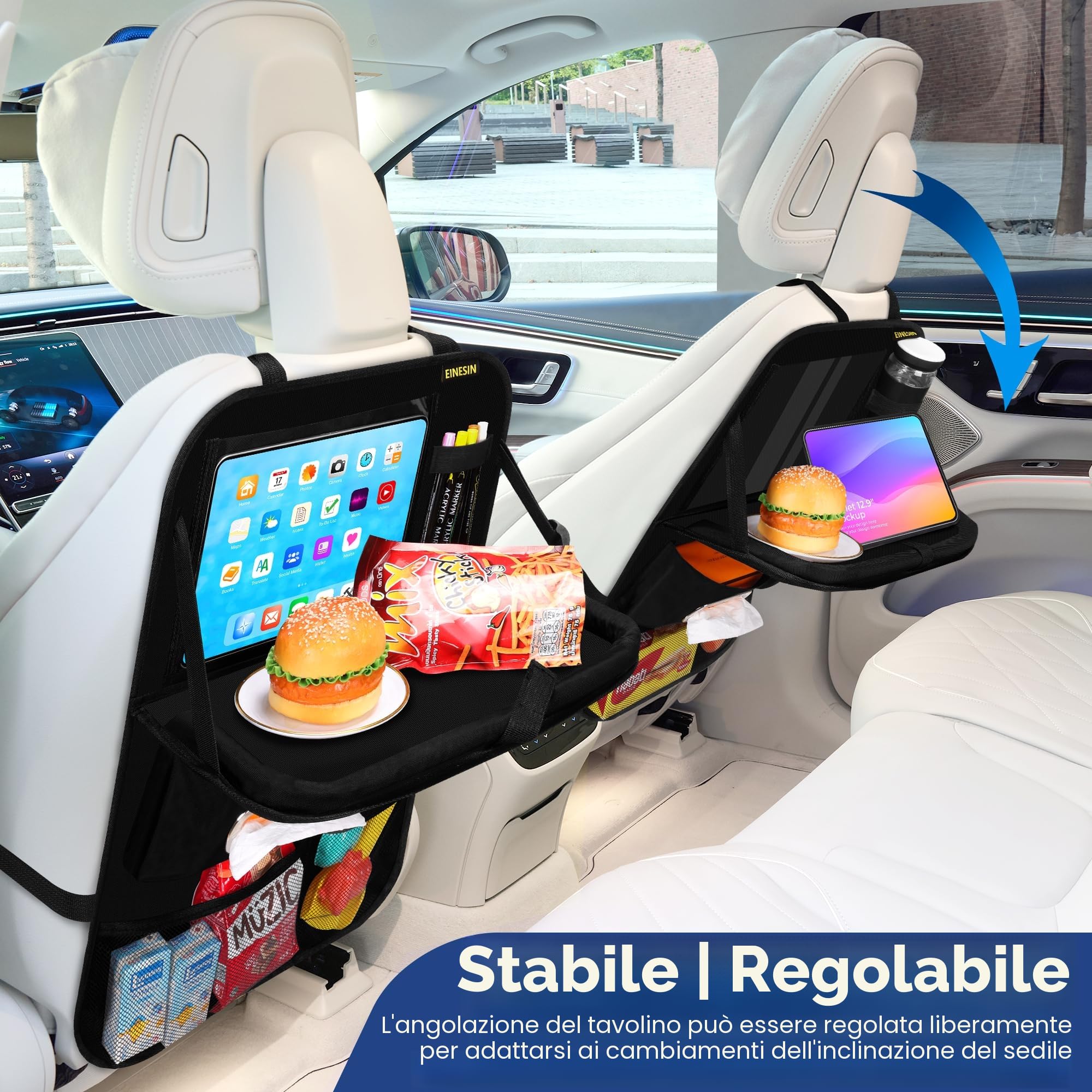 Einesin Proteggi Sedile Auto Bambini Posteriore con Vassoio da Tavolo Pieghevole per tablet bambini, Impermeabile Organizer Sedile Posteriore Auto Tasca Trasparente per Tablet iPad