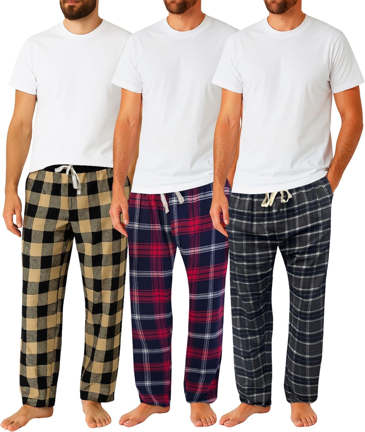 Freedom Plains Men’s 3-Pack Flannel Lounge Pants – Soft Pajama Bottoms with Pockets & Drawstring – Warm Comfy Sleepwear