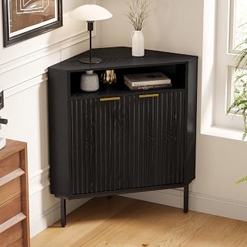 Fluted Corner Cabinet with Storage, Modern Floor Cabinets with Adjustable Shelf & Metal Legs Wooden Narrow Cabinet Organizer for Living Room Kitchen, Black