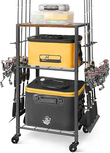 Vista 21 de Olakee Soportes para caña de pescar para garaje, estante para caña de pescar, organizador de equipo de pesca, carrito de aparejos para esquina