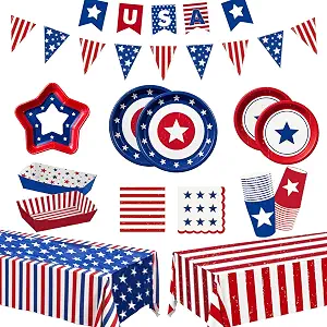 4th of July Patriotic Disposable Tableware Set - Serves 24, 161 Pieces
