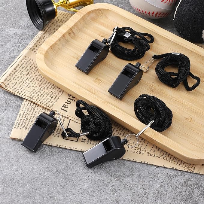 4 silbatos deportivos de plástico con cordón negro miniatura 5
