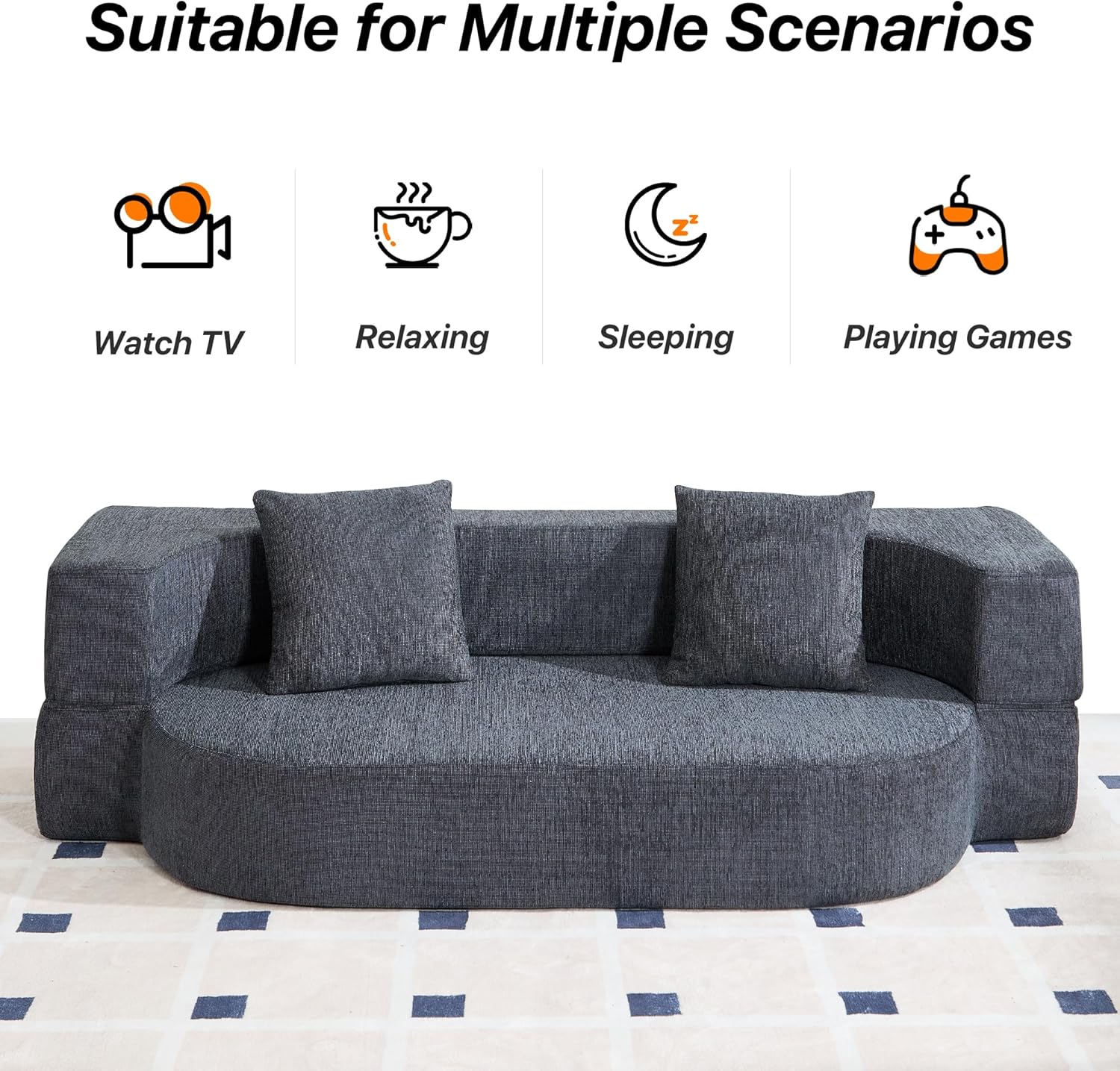 Folding Sofa Bed, Convertible Futon Sleeper Bed, 2-in-1 Foldable Floor Mattress with 2 Pillows, Breathable High-Density Foam Lazy Couch, Twin Size Comfy Lounge Chair, Dark Gray