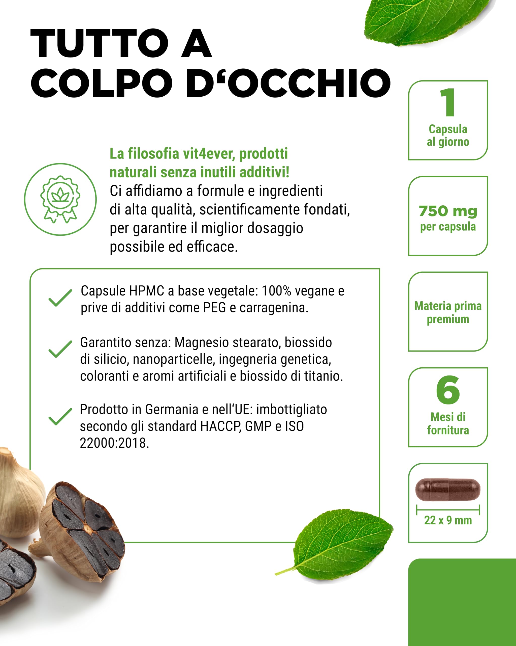 Aglio nero 15:1 Estratto - 180 Capsule da 750 mg - Premium: Con S-Allylcysteine (SAC) - Fermentato - Inodore - Testato in laboratorio - Altamente dosato - Vegan