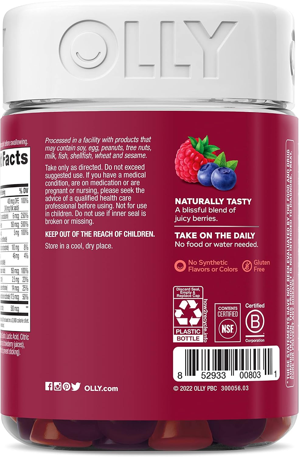 OLLY Women's Multivitamin Gummy, Overall Health and Immune Support, Vitamins A, D, C, E, Biotin, Folic Acid, Adult Chewable Vitamin, Berry, 65 Day Supply - 130 Count