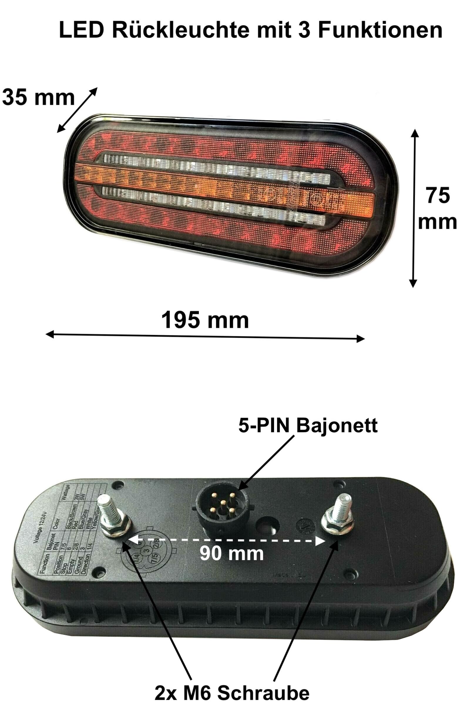 2x Pilotos Traseros LED 12V-24V 3 Funciones (Freno, Posición, Intermitente) con Conexión Bayoneta 5 PIN para Remolque, Camión, Tractor, Homologado E9