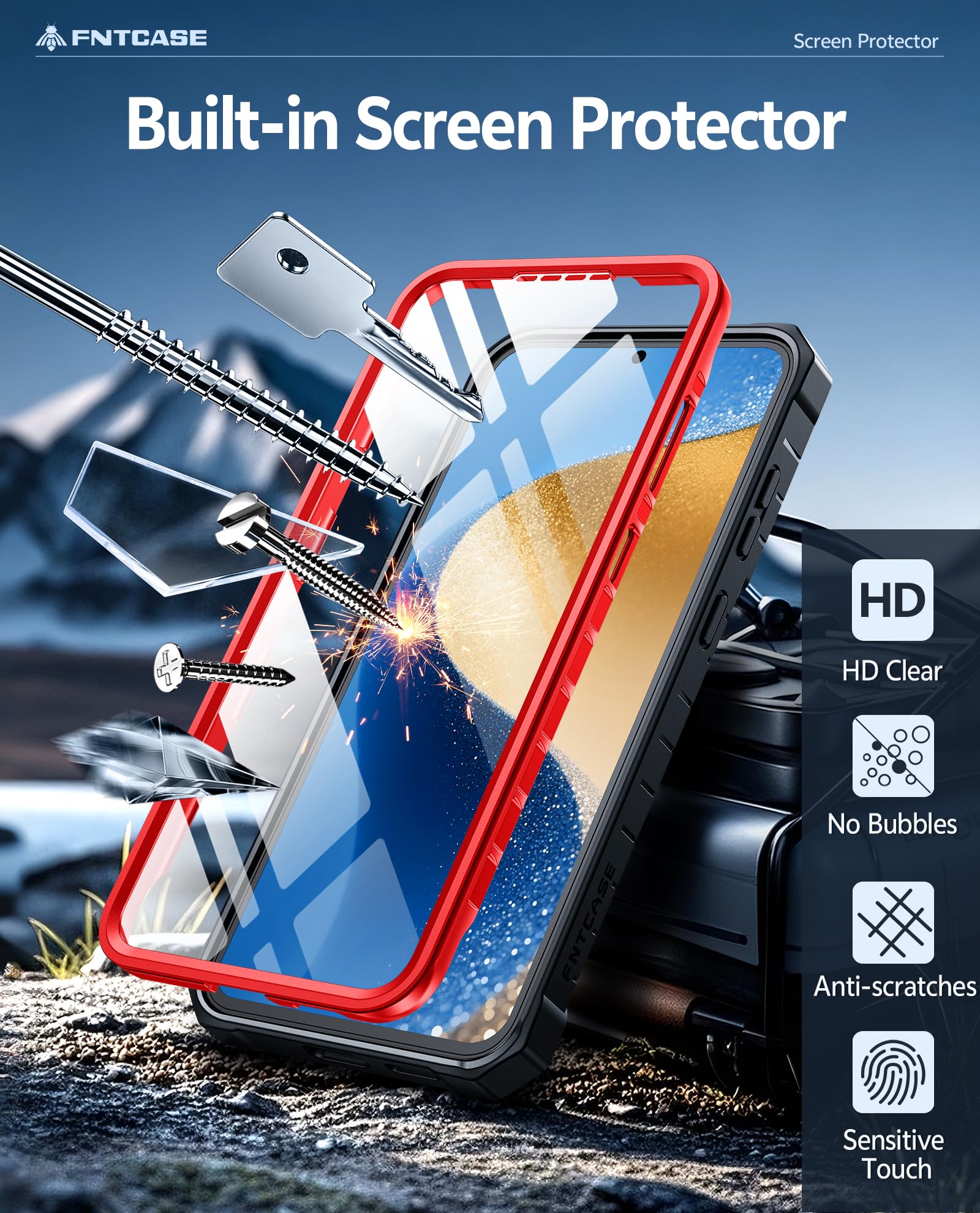 FNTCASE Coque pour Samsung Galaxy S25-FE : coque de téléphone portable robuste de qualité militaire avec béquille et étui | Protection antichoc en TPU mat texturé pour Galaxy S25 FE 6,7" – Rouge