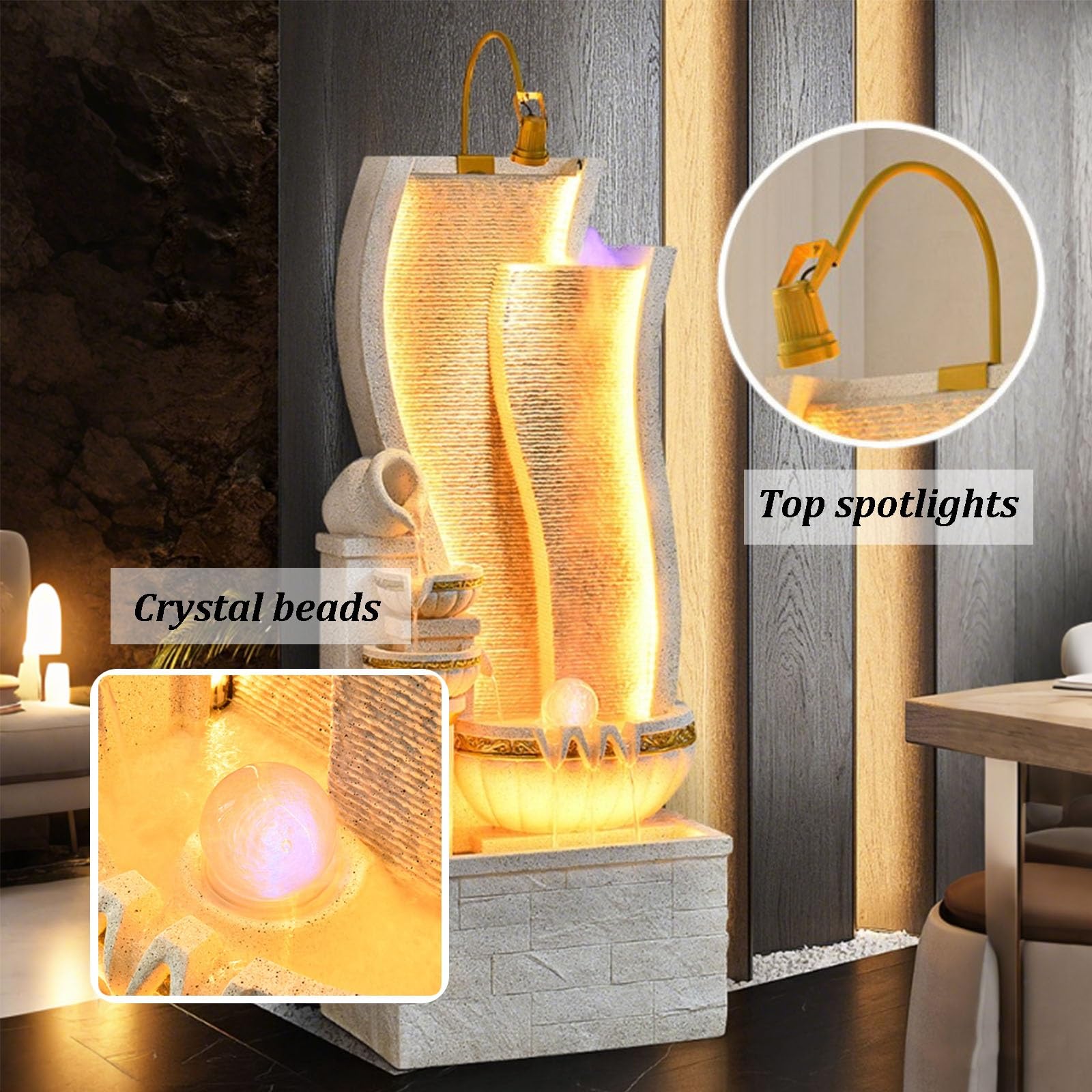 Fuente de agua para jardín al aire libre con luces LED, cascada moderna cascada de resina, decoración de lujo para patio y porche