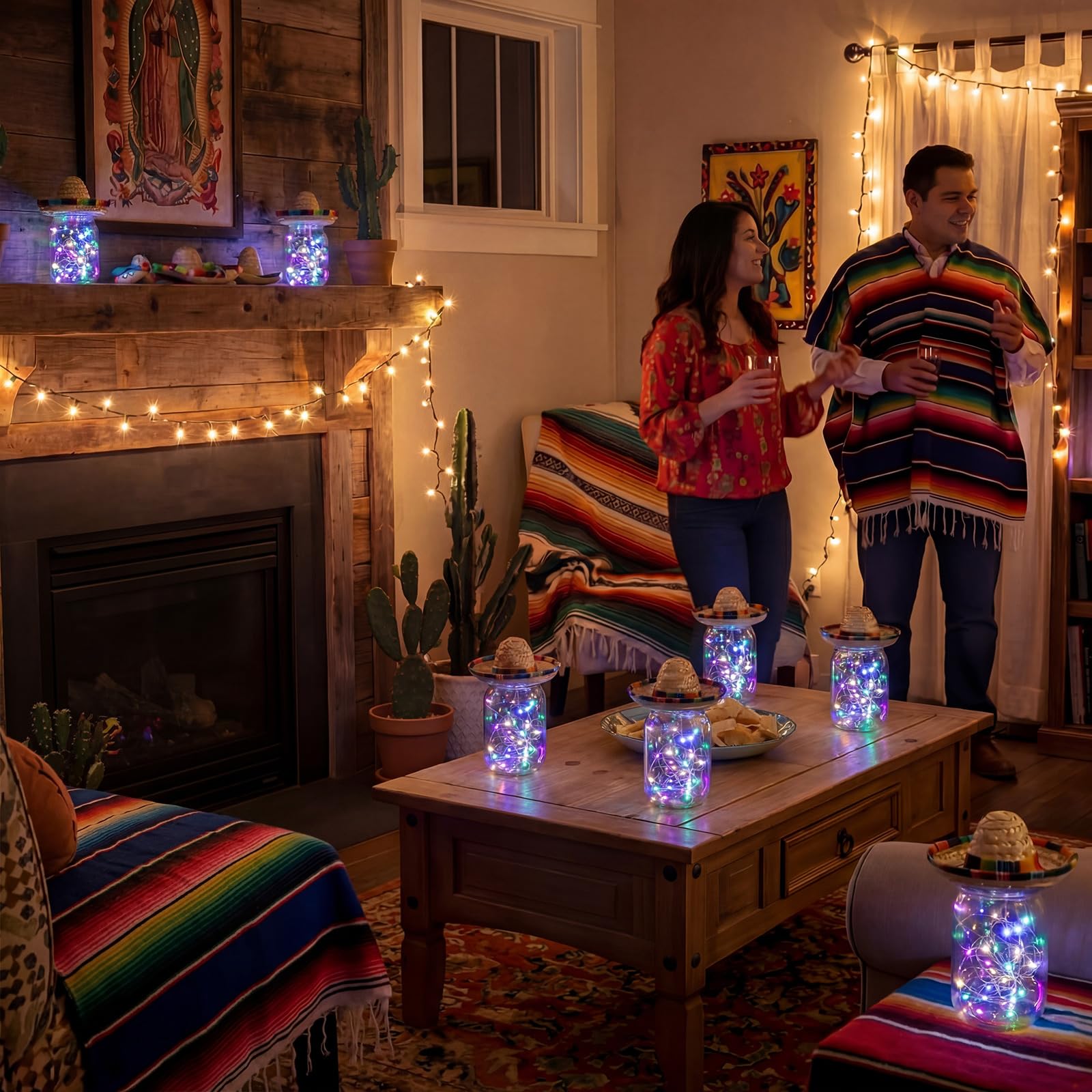 Set di 6 centrotavola messicani per feste messicane decorazioni per feste con barattoli di vetro, cappelli Sombrero, corde luminose per feste a tema taco, matrimoni, compleanni, giorno dei