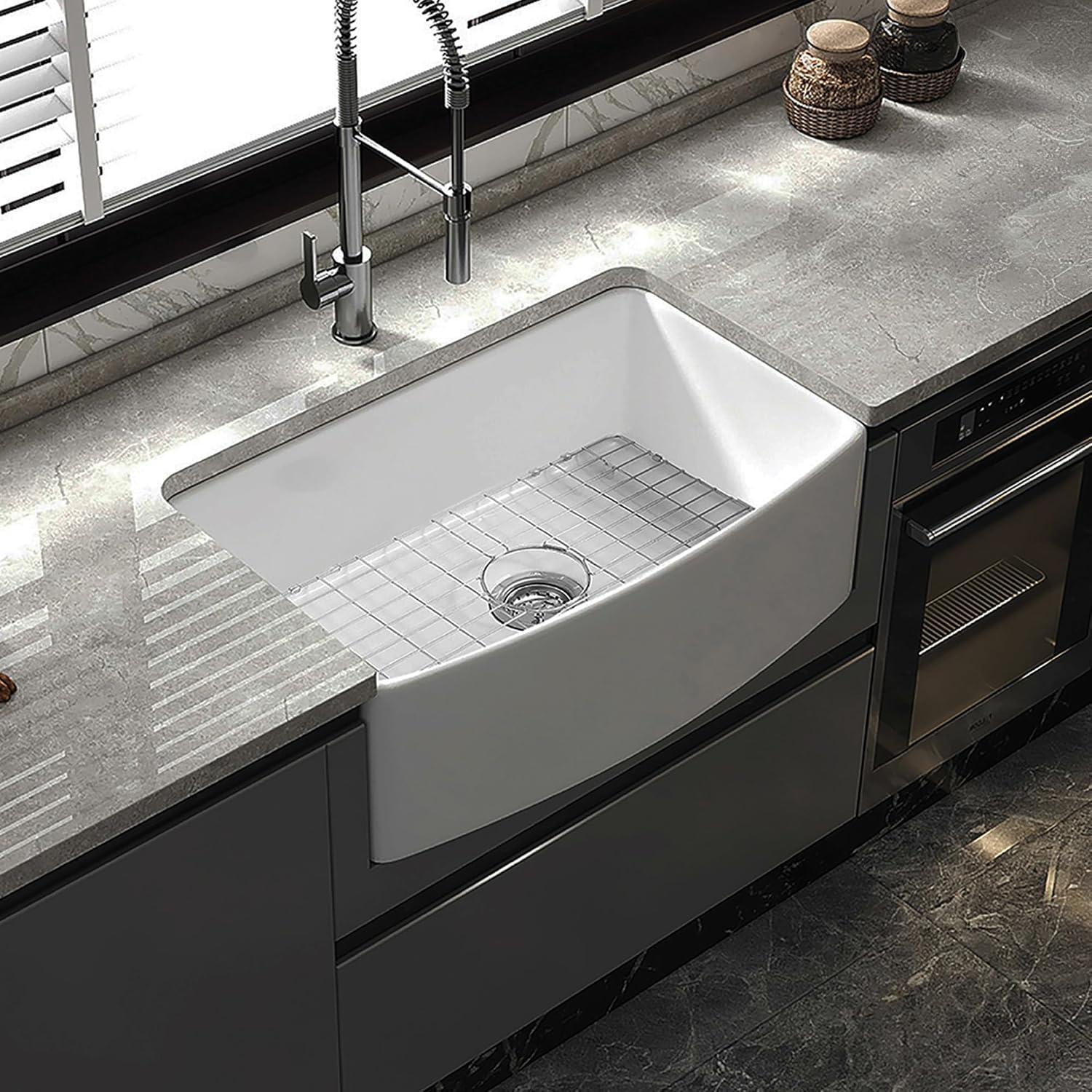 Single Bowl Kitchen Sink - 33 Inch Fireclay Deep Curved Apron Front Kitchen Sink - Premium White Kitchen Sink for Home, Farmhouse (Grid & Strainer Included)