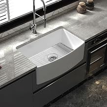 Single Bowl Kitchen Sink - 30 Inch Fireclay Deep Curved Apron Front Kitchen Sink - Premium White Kitchen Sink for Home, Farmhouse Grid & Strainer Included