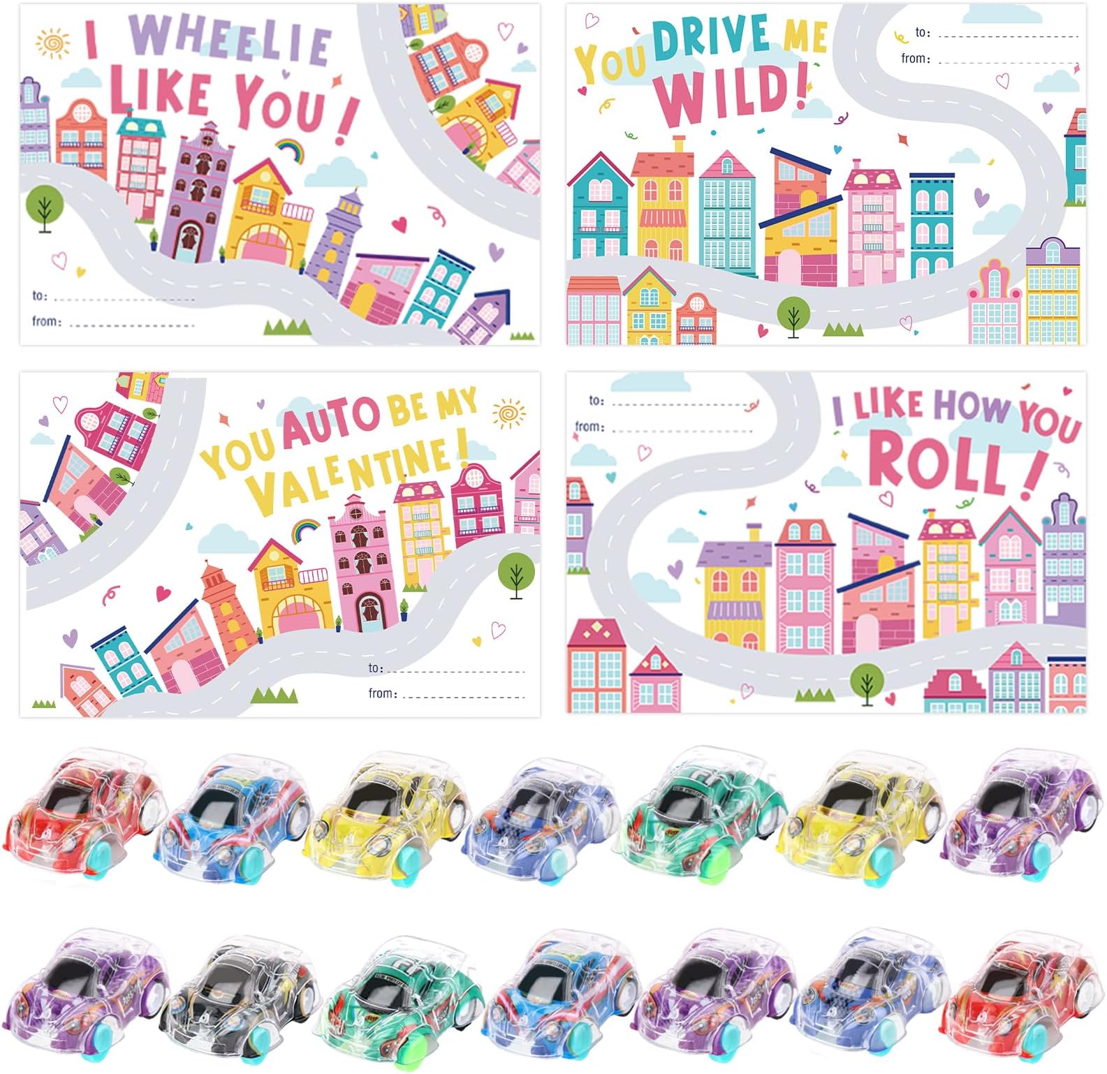 Hooqict 28 PCS Valentines Day Gift Cards with Pull Back Car Toys for Kids Toddlers Boys Valentines Day Gifts School Classroom Exchange Prizes Valentine's Party Favor Supplies