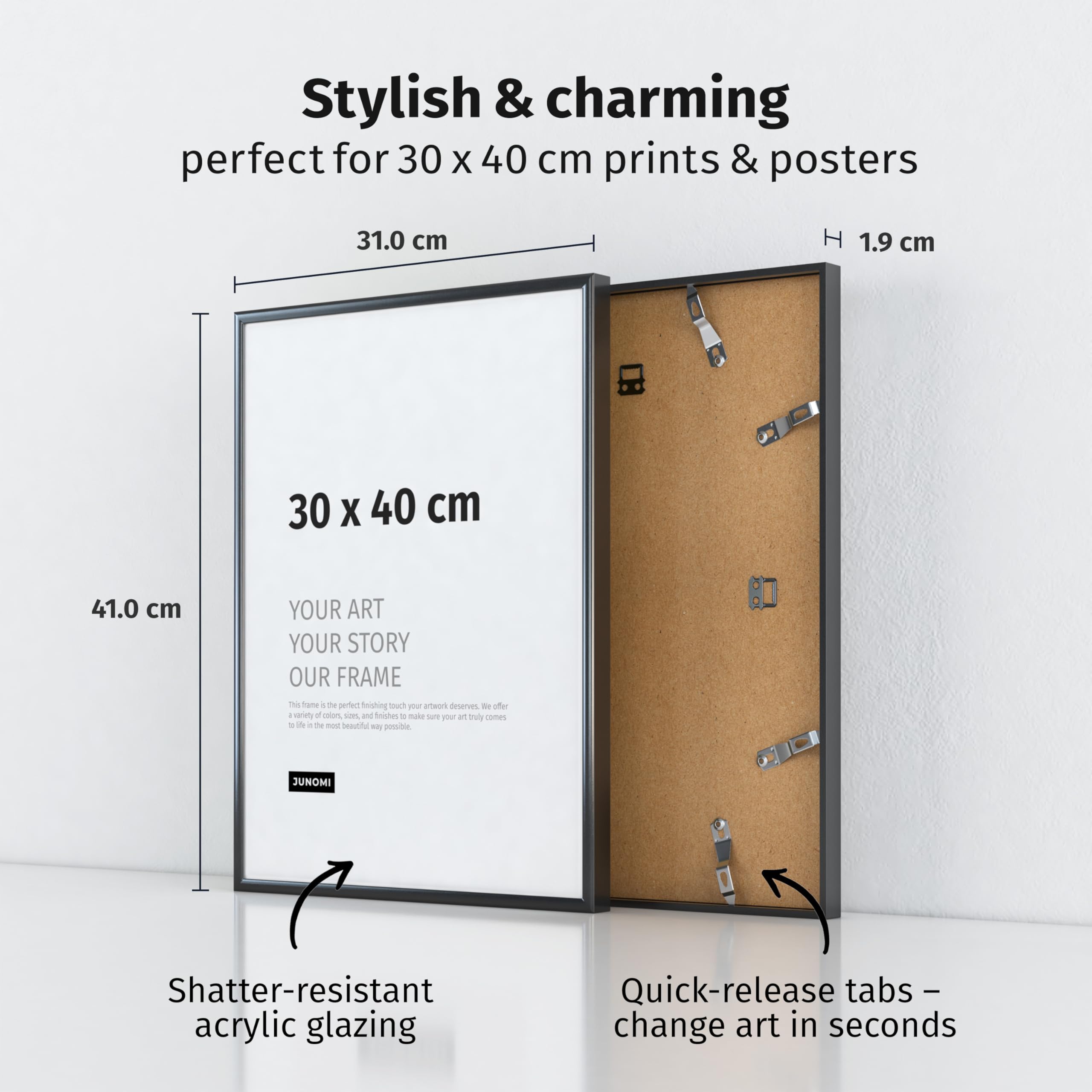 JUNOMI® Picture Frame 30 × 40 cm, Black Matt Aluminium, Slim Profile, Shatterproof Acrylic Glass - Image 3