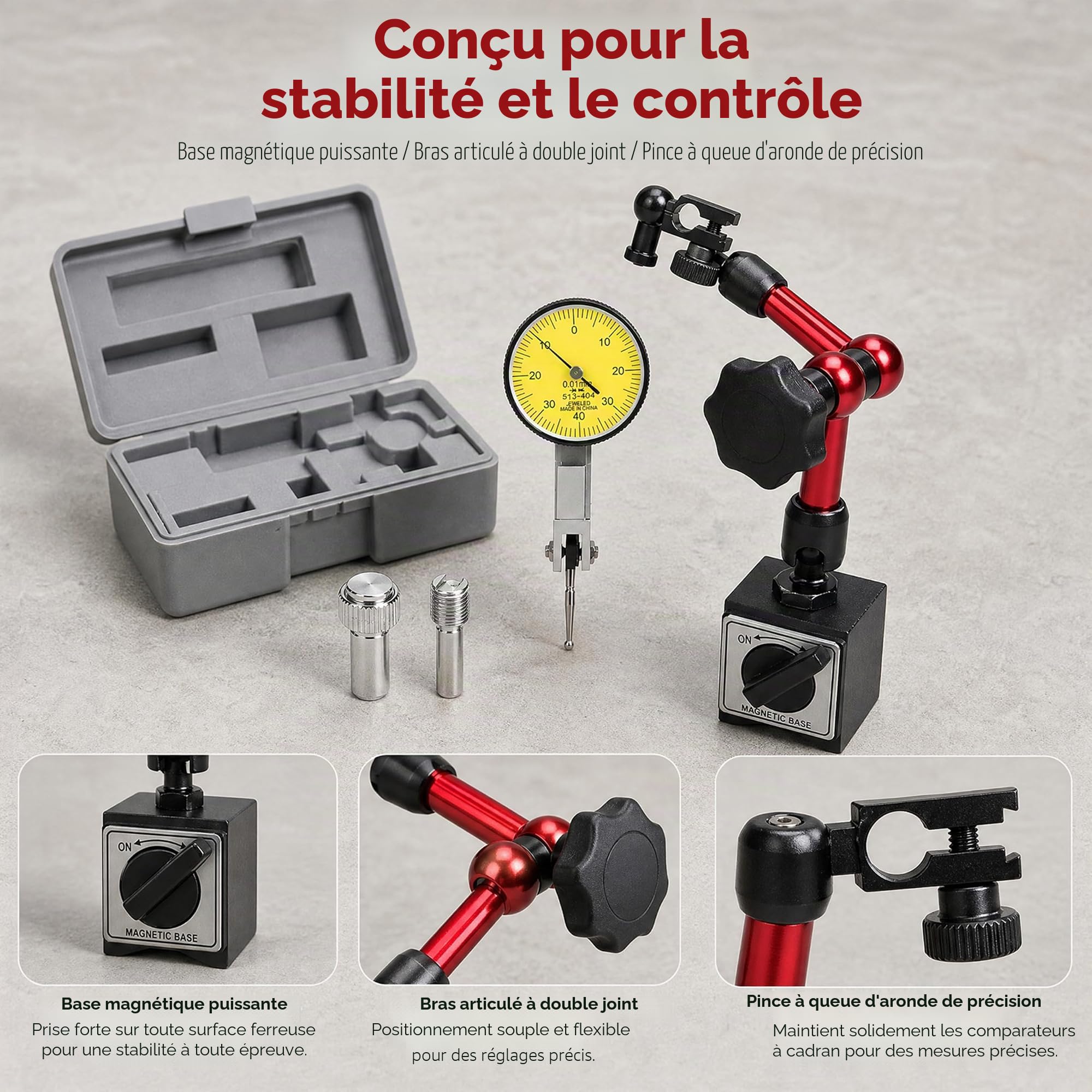 Comparateur Mecanique 0-0,8 mm avec Base Magnétique,Très Flexible,Comparateur Précision 0,01 mm,Ensemble D'indicateurs de Cadran pour Calibration Des Plaques de Surface,Rouge