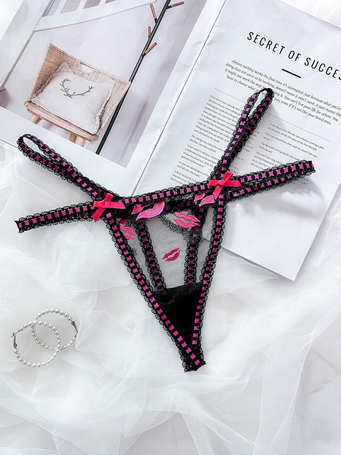 OYOANGLE Women's Sheer Mesh G String Thong Sexy T-back Thong Panties Embroidered Bow Mid Rise Underwear - Image 6