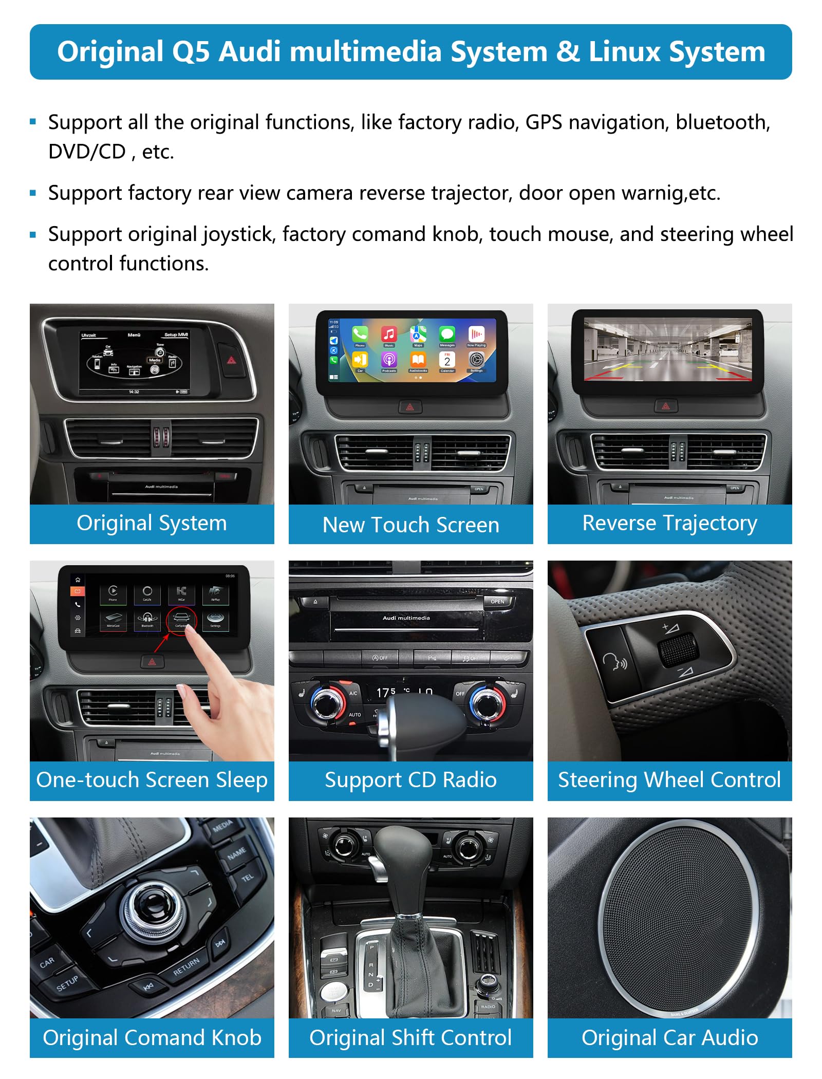 12,3 Pouces Autoradio avec écran Tactile sans Fil Carplay et Android Auto pour Audi Q5 2009-2017 avec système MMI+ 3G, Prend en Charge Mirrorlink, Appareil Photo, Navigation