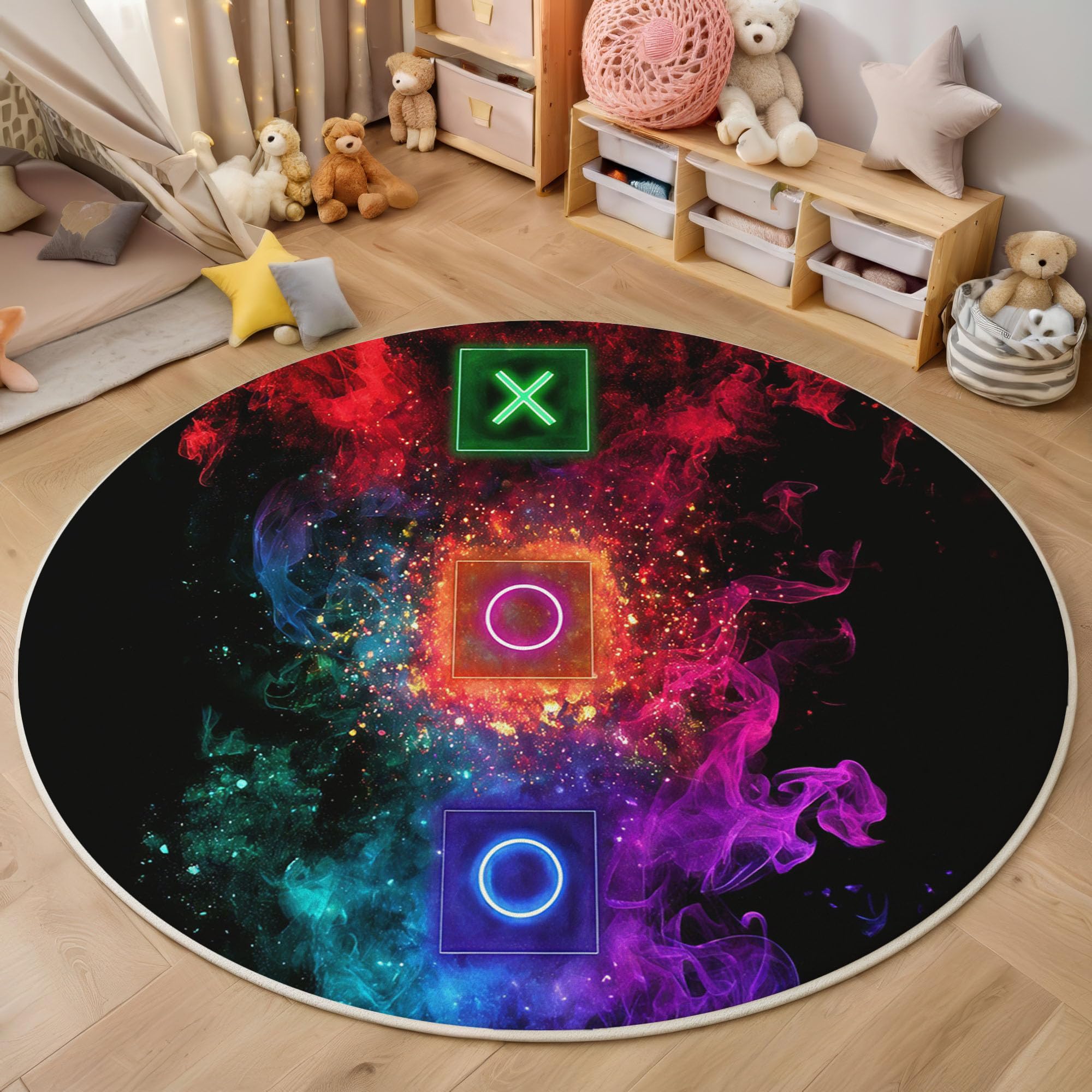 Tapis rond lavable en machine douceur velours rouge 120cm symbole de fumée