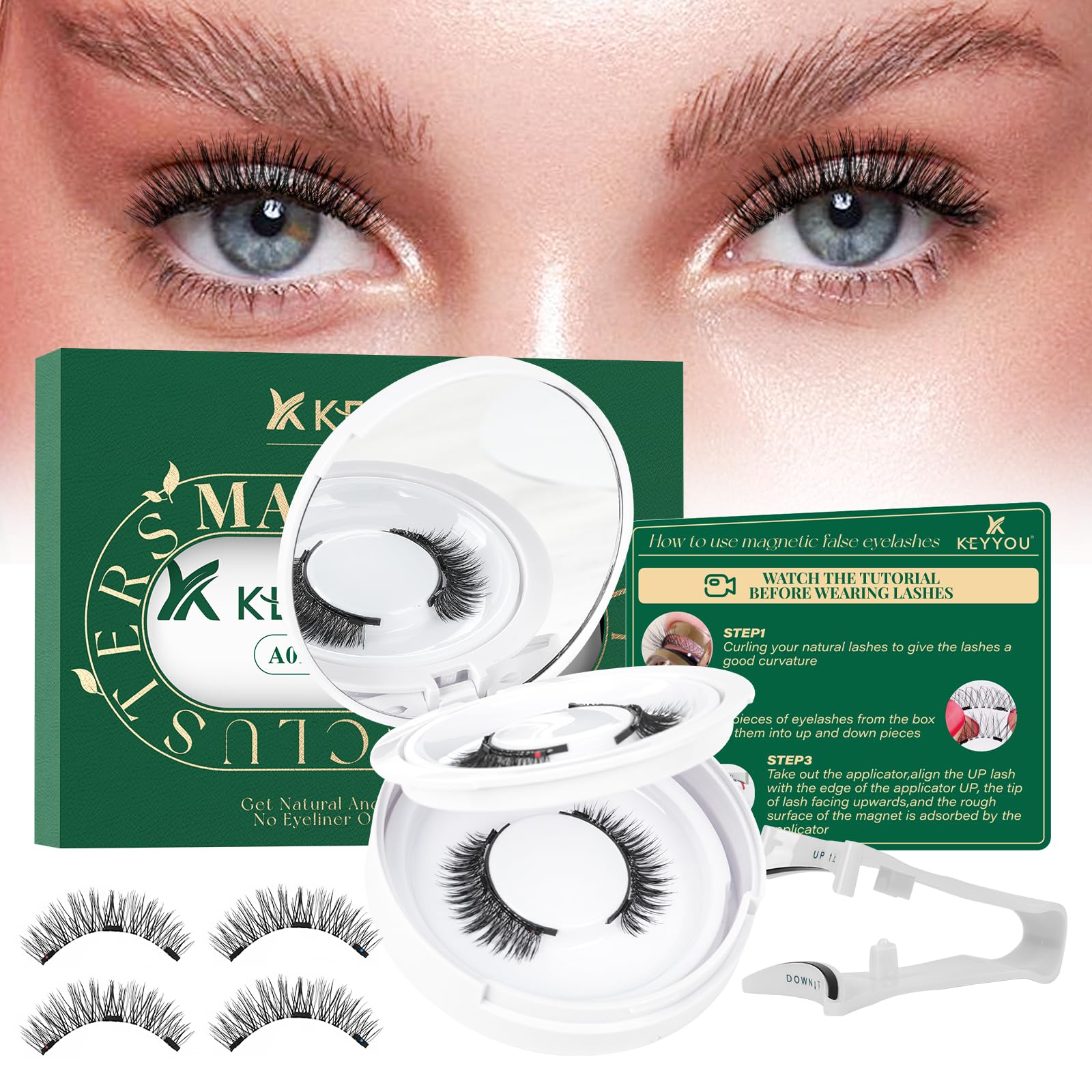 KEYYOU Daily Wear Reusable Magnetic Eyelashes 2 Pair with Applicator No Glue Needed 3D Natural Magnetic Lashes Easy