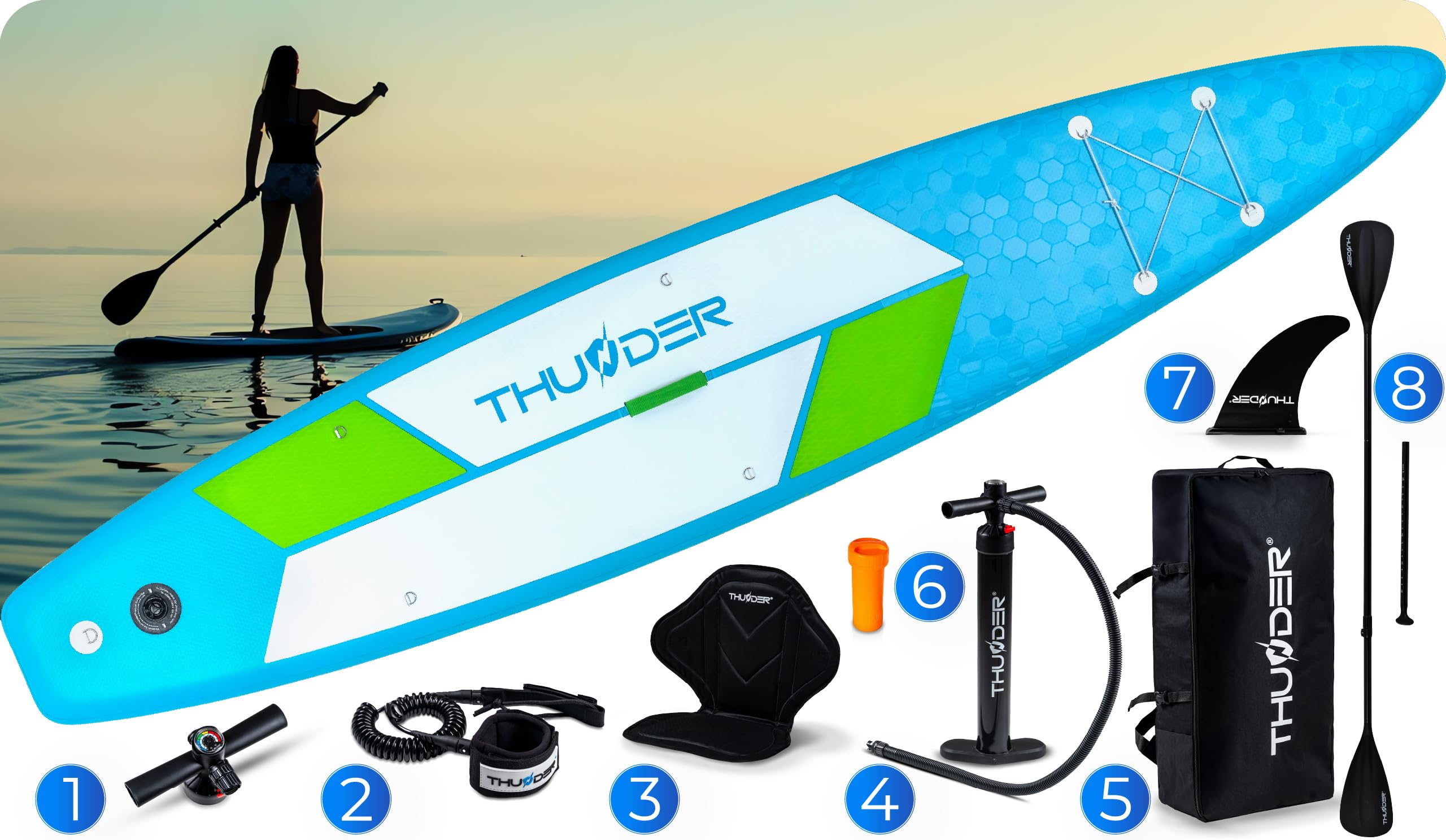THUNDER - Tabla Sup inflable de 380 cm con asiento kayak – Stand Up Paddle Board Set con bomba, remo y mochila – Sup Touring para adultos y principiantes hasta 150 kg