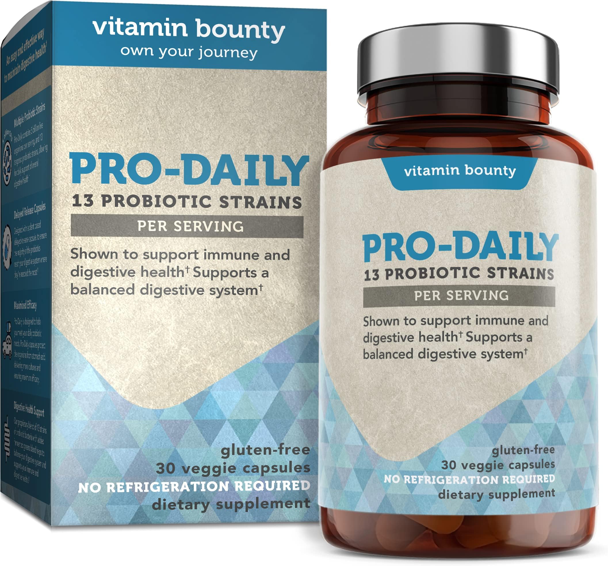 Vitamin Bounty Pro-Daily Probiotic 5 Billion CFU - 13 Strains with Lactobacillus Acidophilus & Bifidobacterium for Digestive Health - Probiotics for Men & Women Gut Health Support