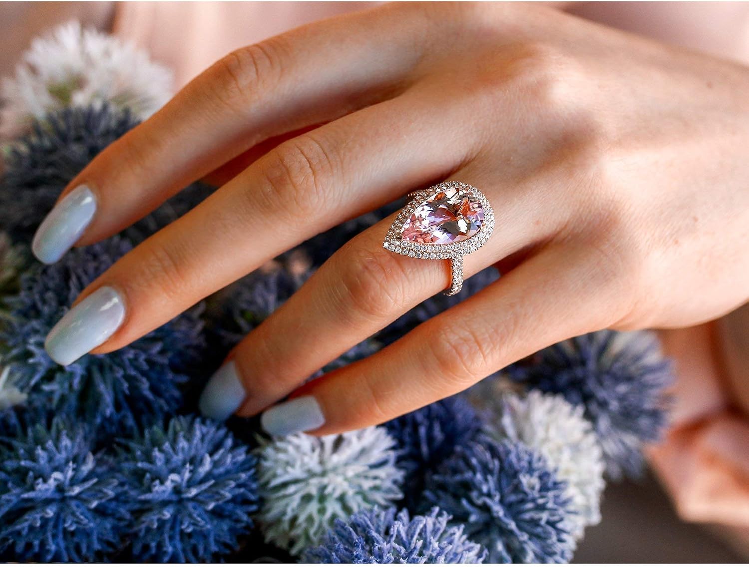 6.45 ct tw Pear Premium Morganite Diamond Halo Cocktail Ring