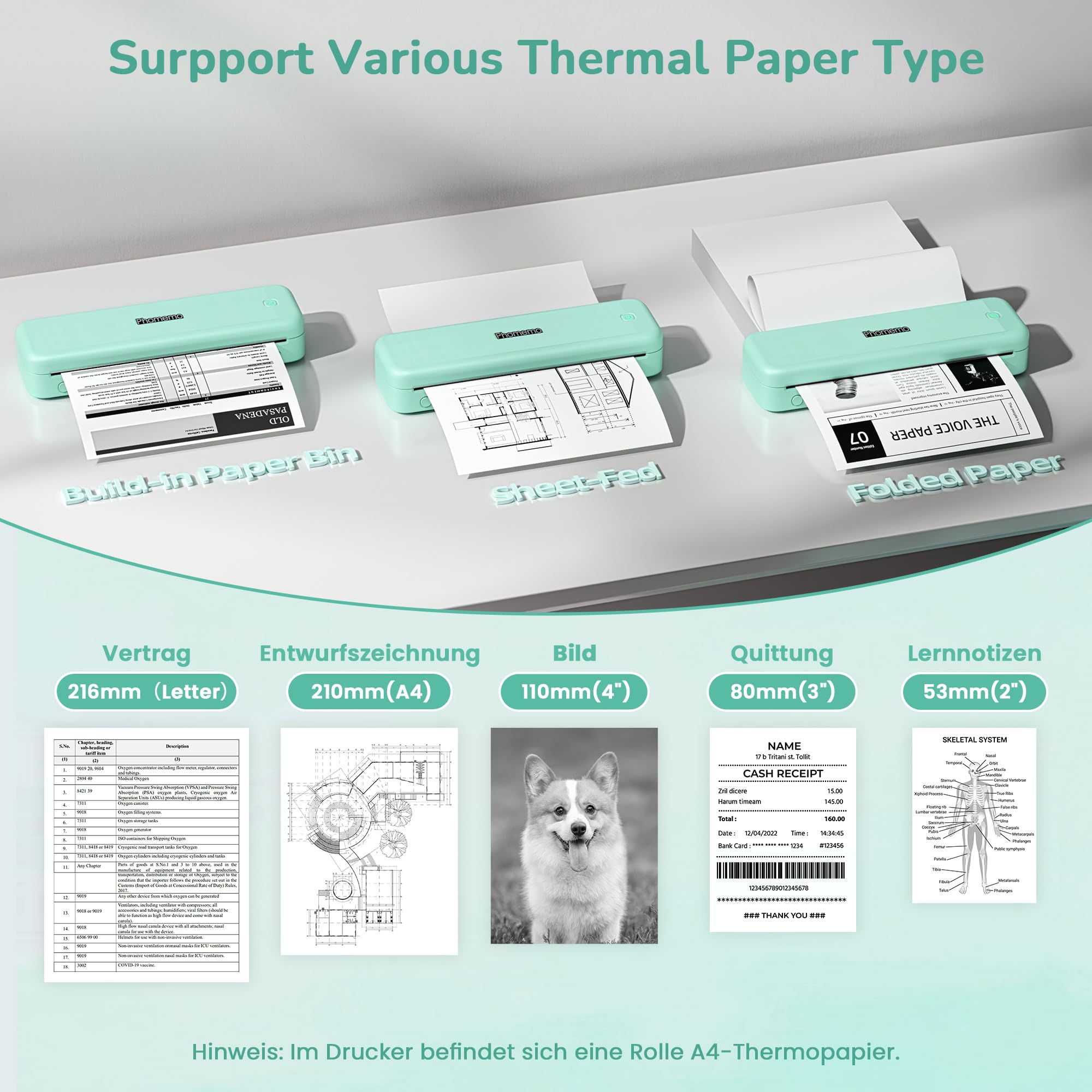 Phomemo Tragbarer Mobiler Thermodrucker A4 300 DPI - M834 Grünes Set – Bild 5
